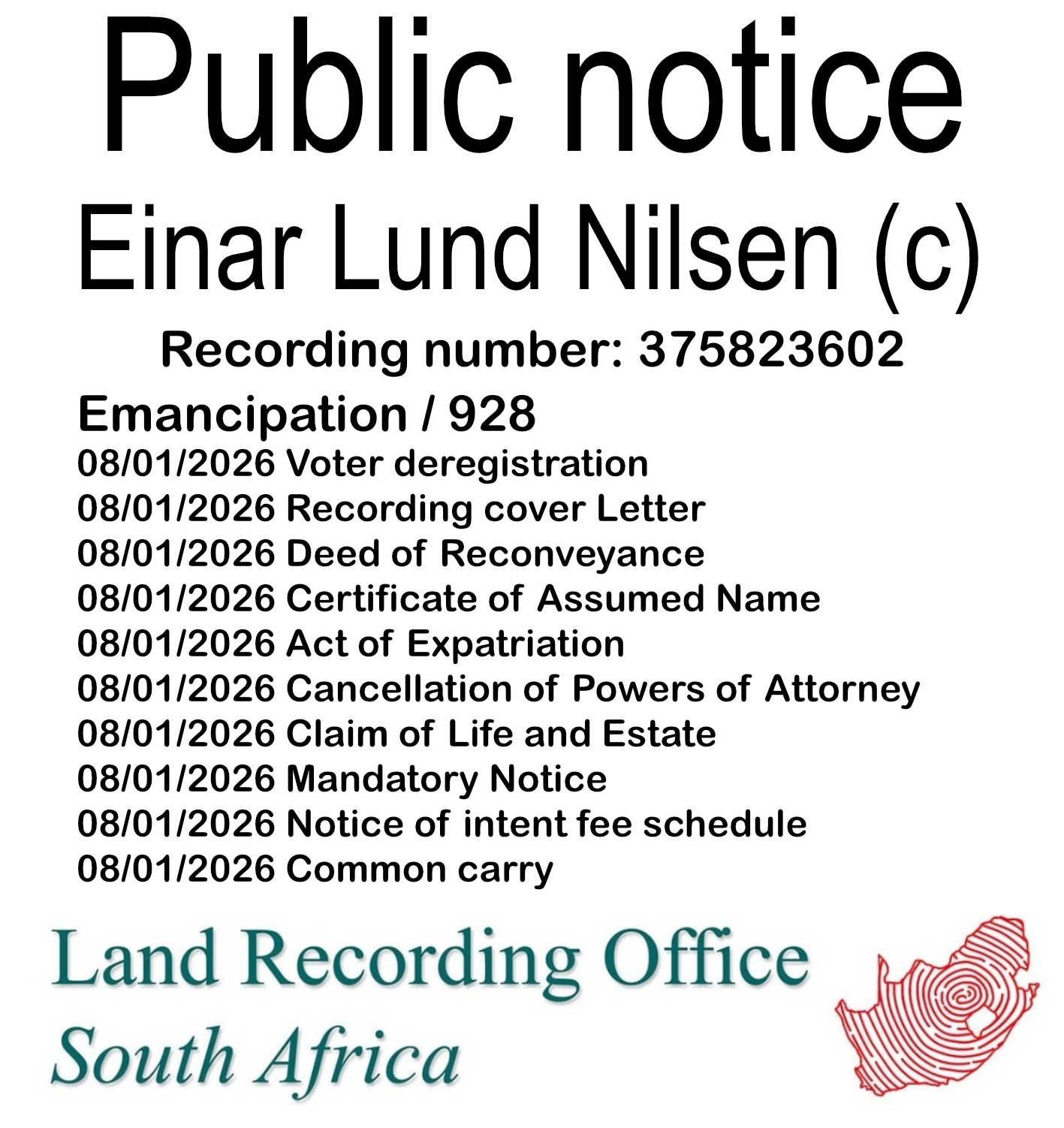 Public notice Einar Lund Nilsen Recording number 375823602